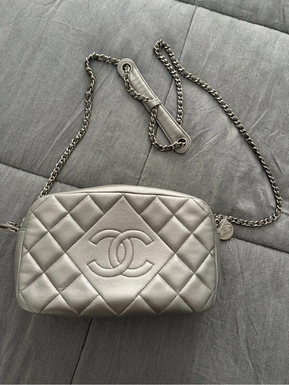 CHANEL Quilted Leather Camera Crossbody in Silver Metallic Gray